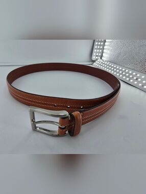 Tasso Elba Classic Brown Leather Men's Belt with Silver Buckle